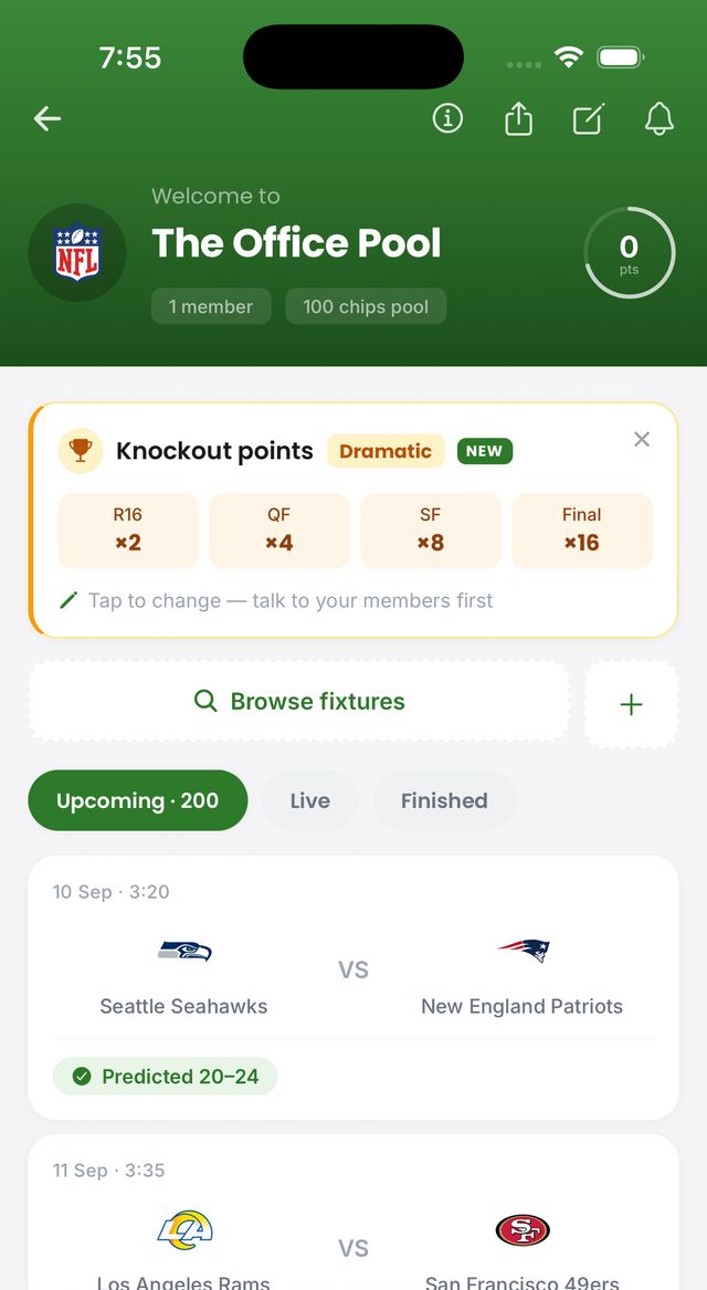 NFL pool games list — 200 upcoming games with predictions attached
