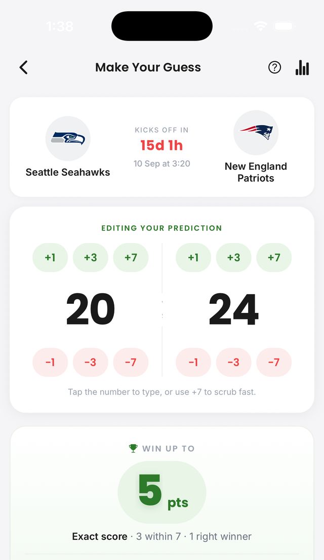 BeTeam guess screen — predicting an NFL score in seconds
