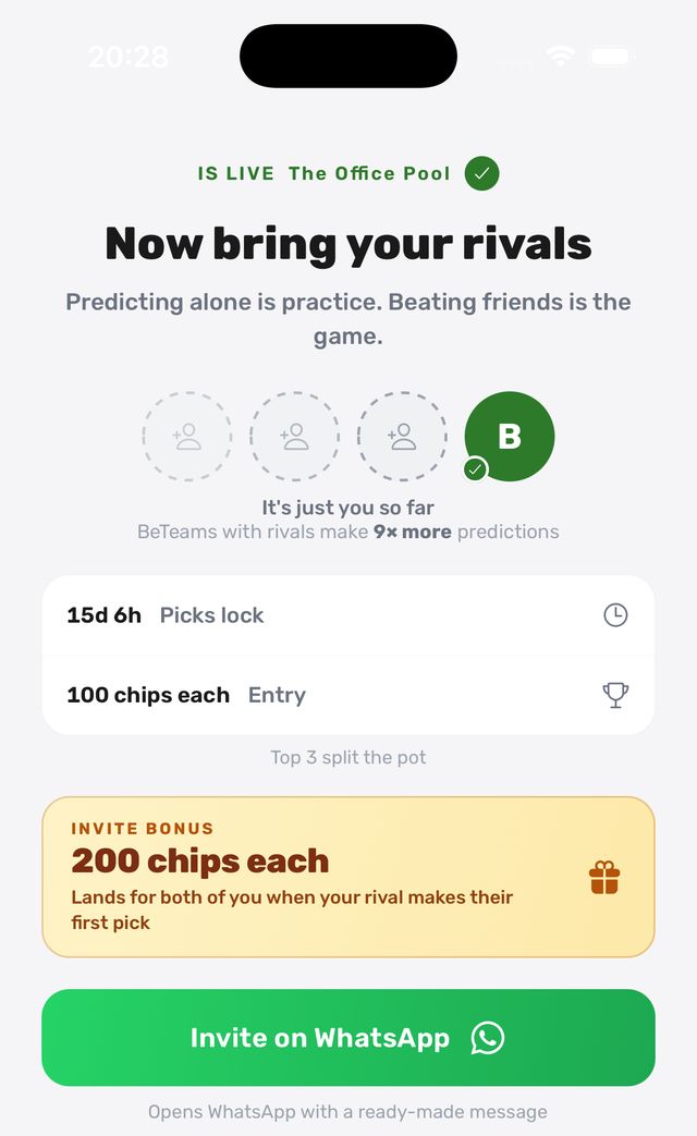 Invite screen — one link creates the league, no draft required